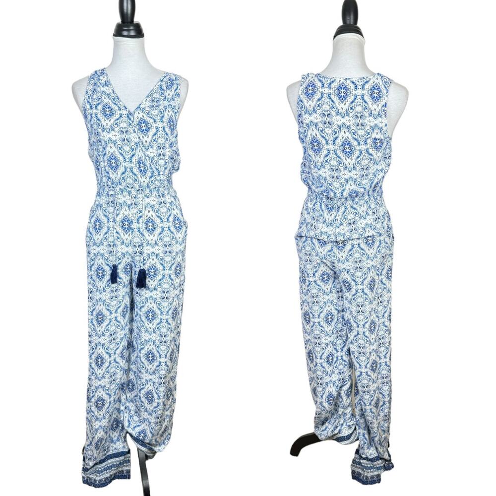 Eliane Rose Blue & White Print V-neck Splice Drawstring Sleeveless Jumpsuit